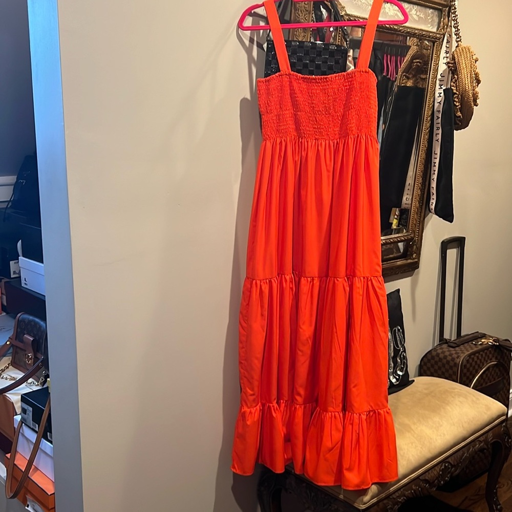 Zara orangy red smocked flowy maxi dress size M